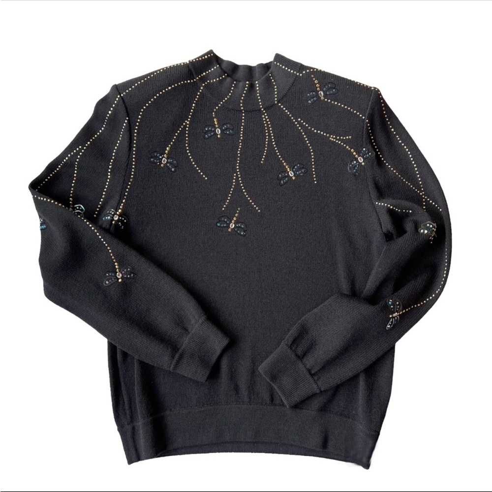 St. John Black Turtleneck Sweater with Beaded Detail
